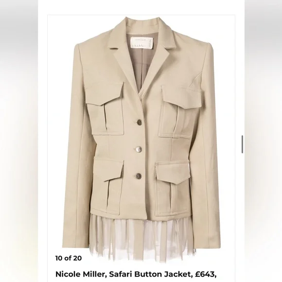 Nicole Miller Safari layered tulle Tan Blazer Tailored Button Jacket